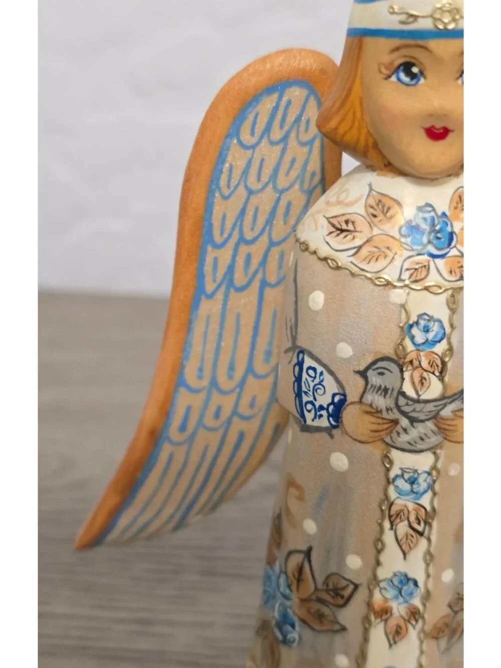 Russian Hand Painted Wooden Angel Blue and Gold Floral Folk Art Signed 5